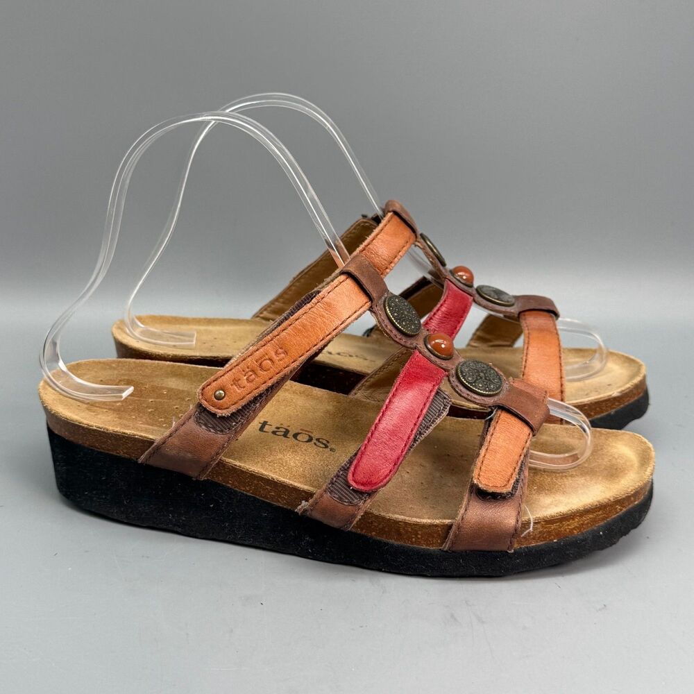 Taos Womens 7 Tan Orange Leather Slip On Medallion Platform Strappy Sandals Shoe
